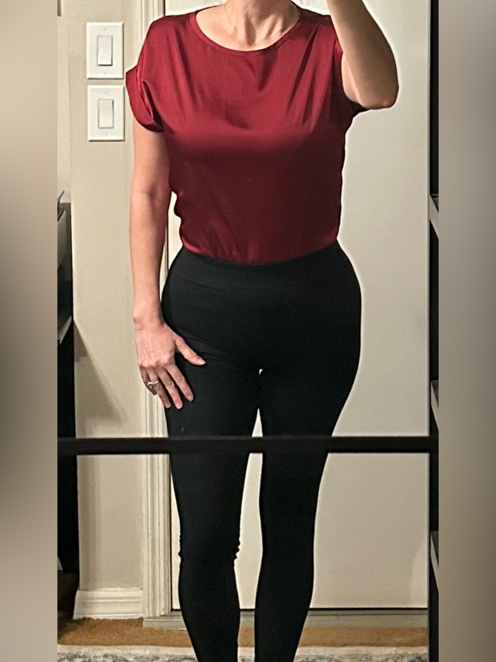 Deep Red Short Roll-Sleeve Satin Tee Sz S
